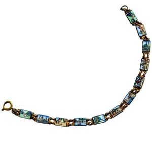 VTG Art Deco Egyptian Scenes panel Bracelet Motif Pyramids Camel Enamel Painted
